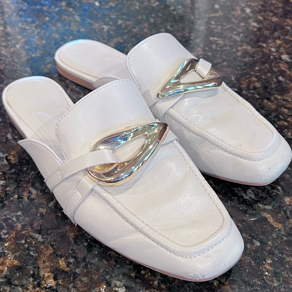 Zara Cream Mules with Gold Buckle-Size 39